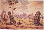 Oil painting. Temple ruins in Candi Sewu